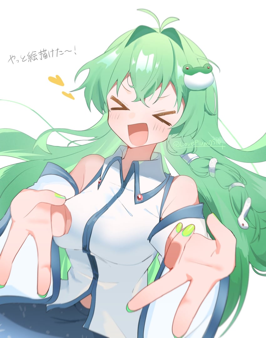 东方Project、东风谷早苗 1名女孩 闭眼挤眼 呆毛 露肩 蓝色衬衫
