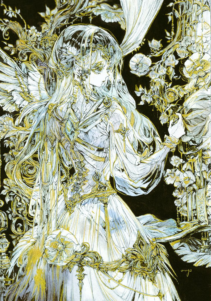 原创 1名女孩 黑色背景 连衣裙 花 金边