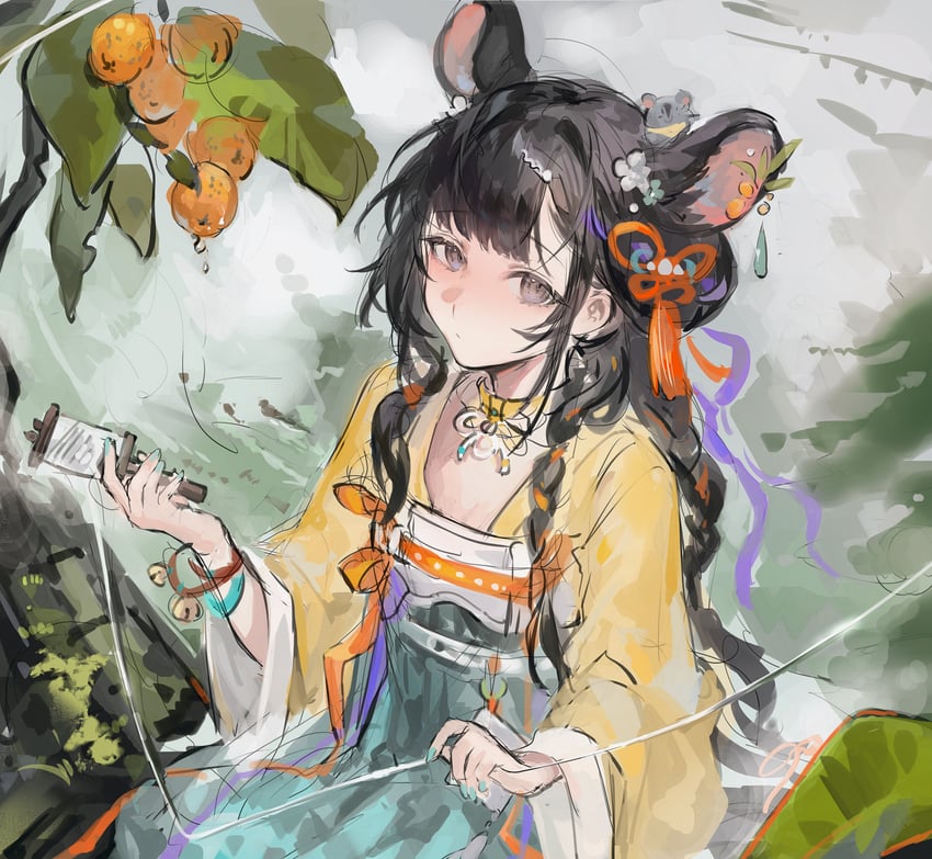 明日方舟、露托娜妲 (明日方舟)、卢托娜达（私语的思念）（明日方舟） 1名女孩 兽耳 黑发 辫子 中国风服饰
