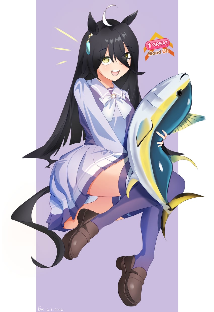 二次元插画 1名女孩 呆毛 黑发 棕色鞋子 耳饰
