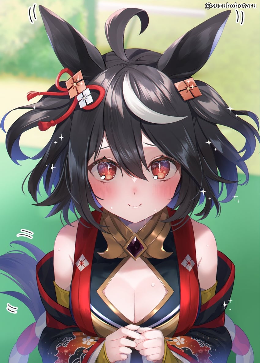 赛马娘、北部玄驹 (锦上之花) (赛马娘)、北部玄驹 (赛马娘) 1名女孩 呆毛 兽耳 黑发 脸红