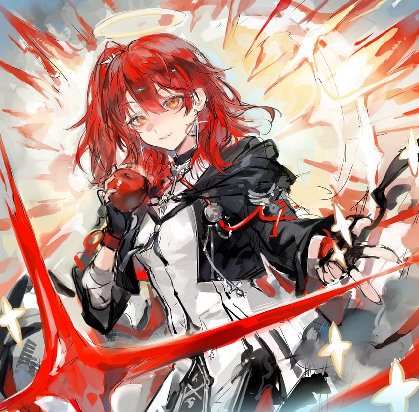 明日方舟、能天使 (明日方舟)、能天使 (新约) (明日方舟) 1名女孩 苹果 黑色手套 黑色夹克 闭嘴