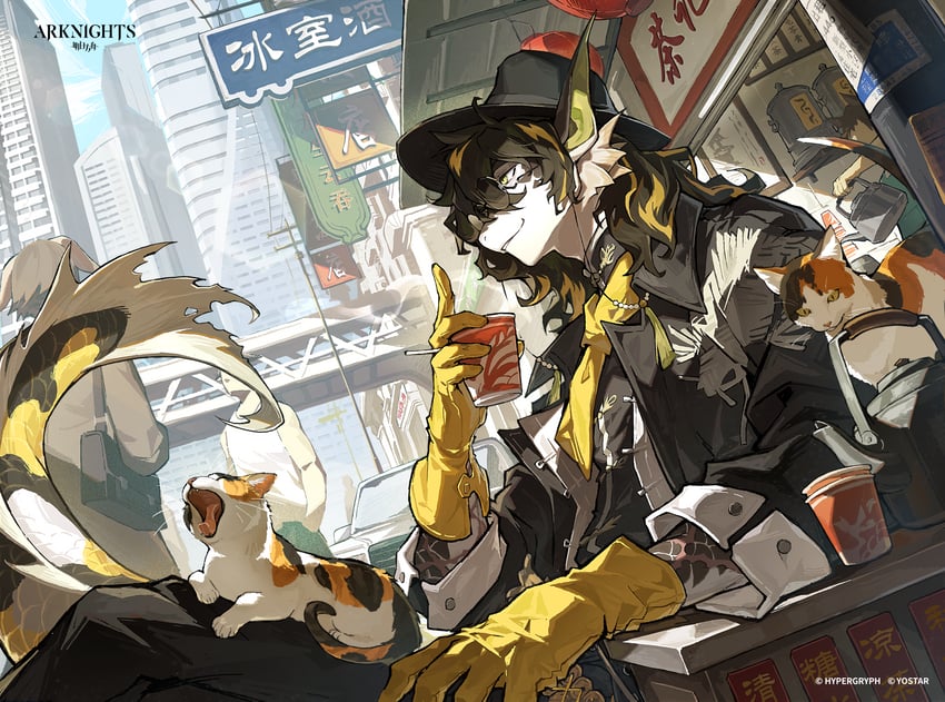 明日方舟、老鲤 (明日方舟) 1名男孩 腿上的动物 手臂放在桌上 扶手 黑色大衣