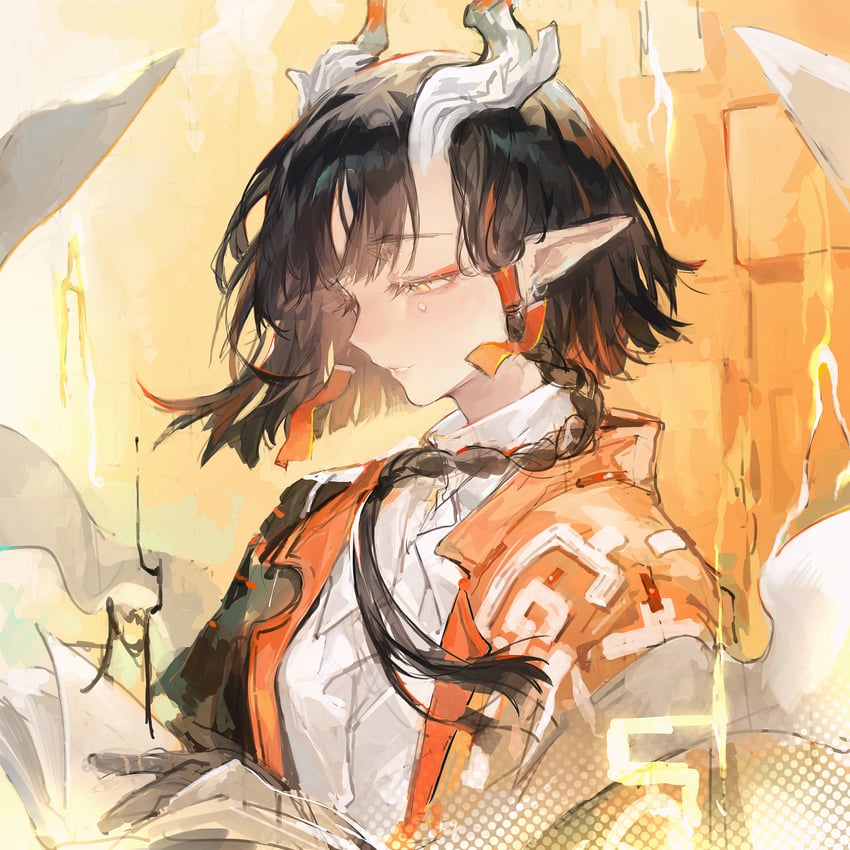 明日方舟、杰 (明日方舟) 1名女孩 黑发 辫子 龙娘 龙角