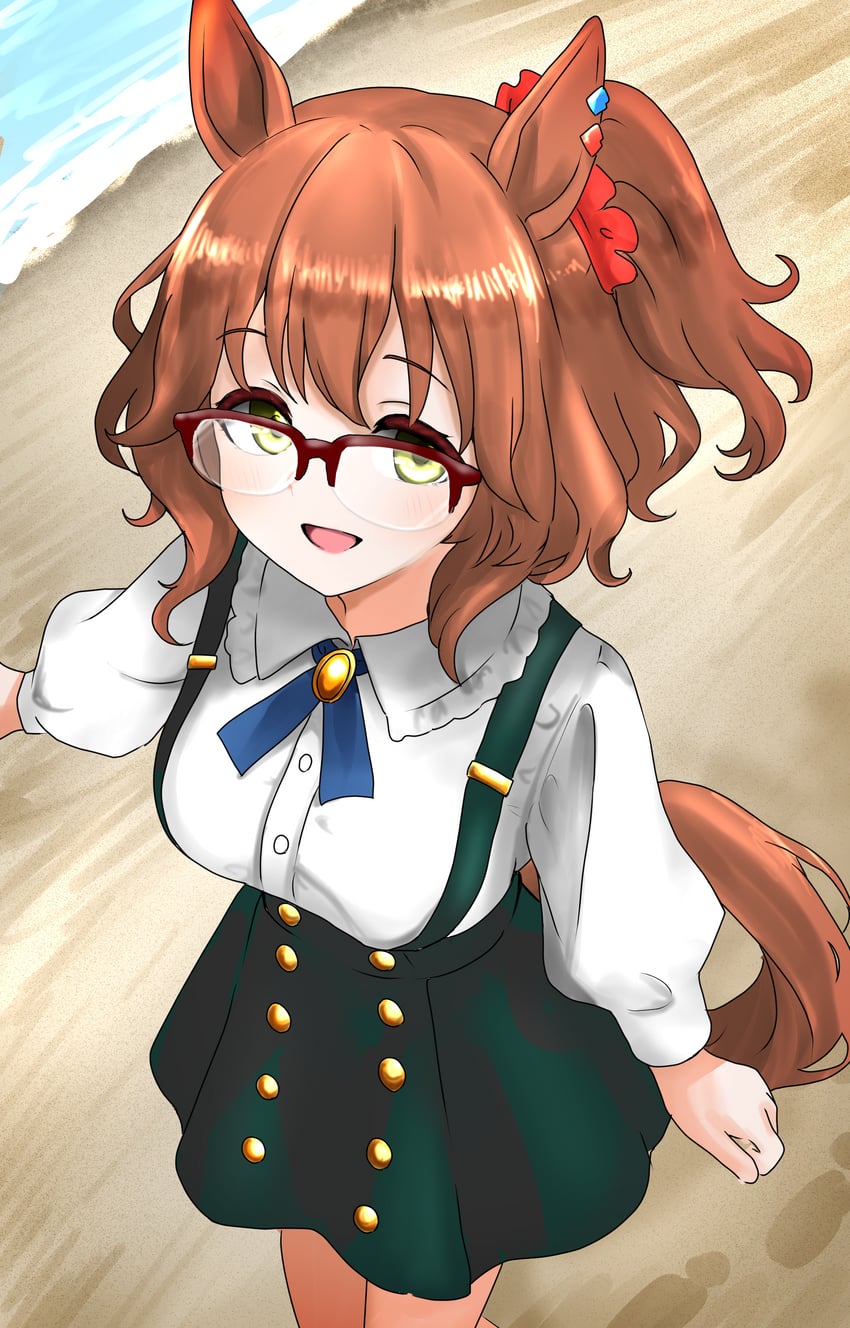 赛马娘、阿斯顿马酱 (便服) (赛马娘)、阿斯顿马酱 (赛马娘) 1名女孩 兽耳 海滩 棕发 绿裙子