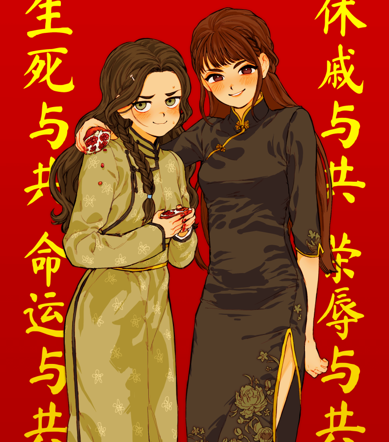 原创、中国 (何者无所事事)、内蒙古 (Nanimonothing) 2名女孩 黑色连衣裙 棕眼睛 棕发 中国