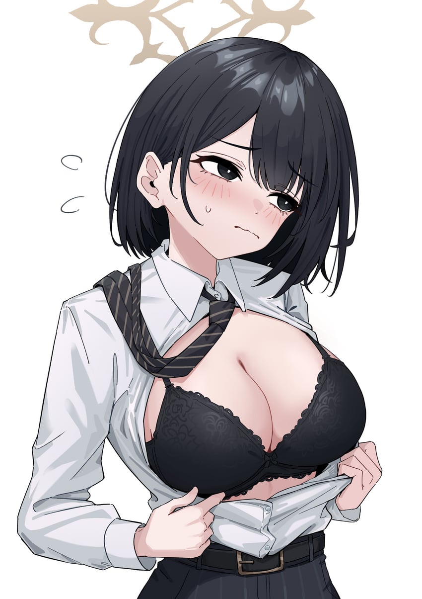 蔚蓝档案、弘美 (蔚蓝档案) 1名女孩 黑发 棕色光环 斜条纹衣服 斜条纹领带