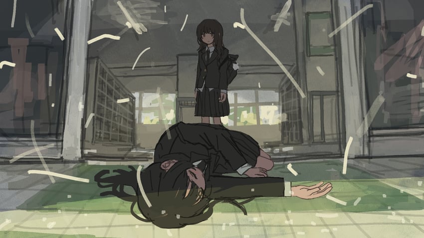 原创 2名女孩 背包 包 黑发 黑色领带