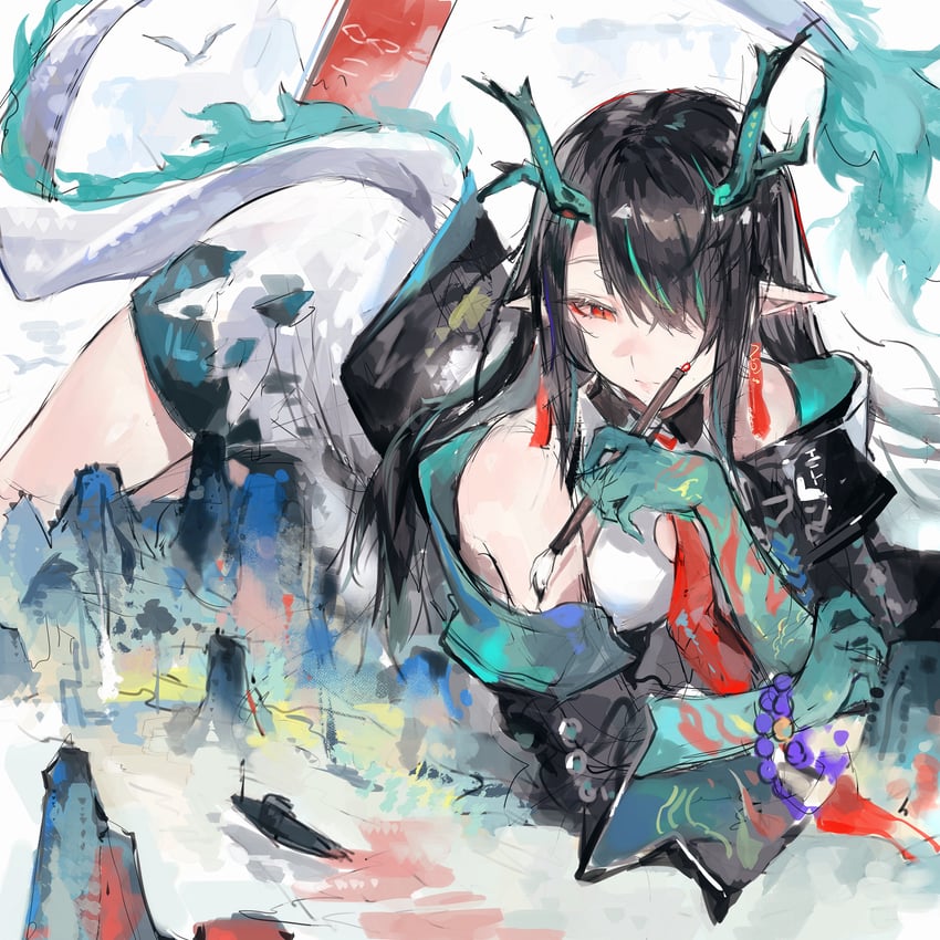 明日方舟、夕 (明日方舟) 1名女孩 水蓝色角 露肩 黑发 蓝手