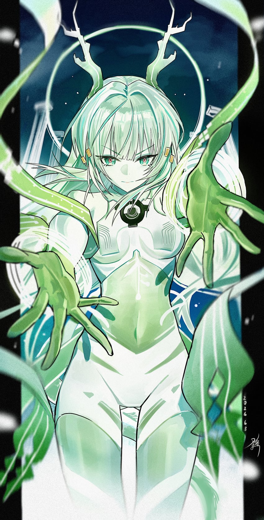 二次元插画 1名女孩 黑框 紧身连体衣 边框 遮胸帘