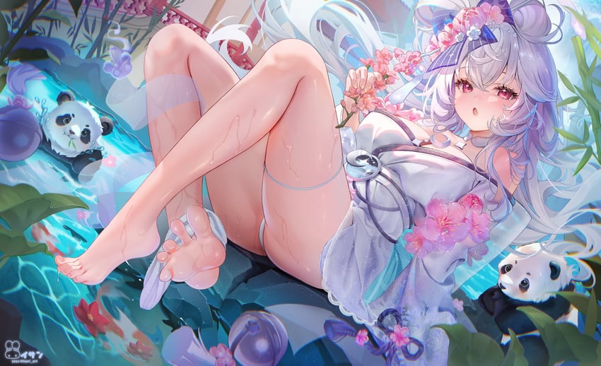 二次元插画 1名女孩 赤脚 蓝发 乳房 乳沟