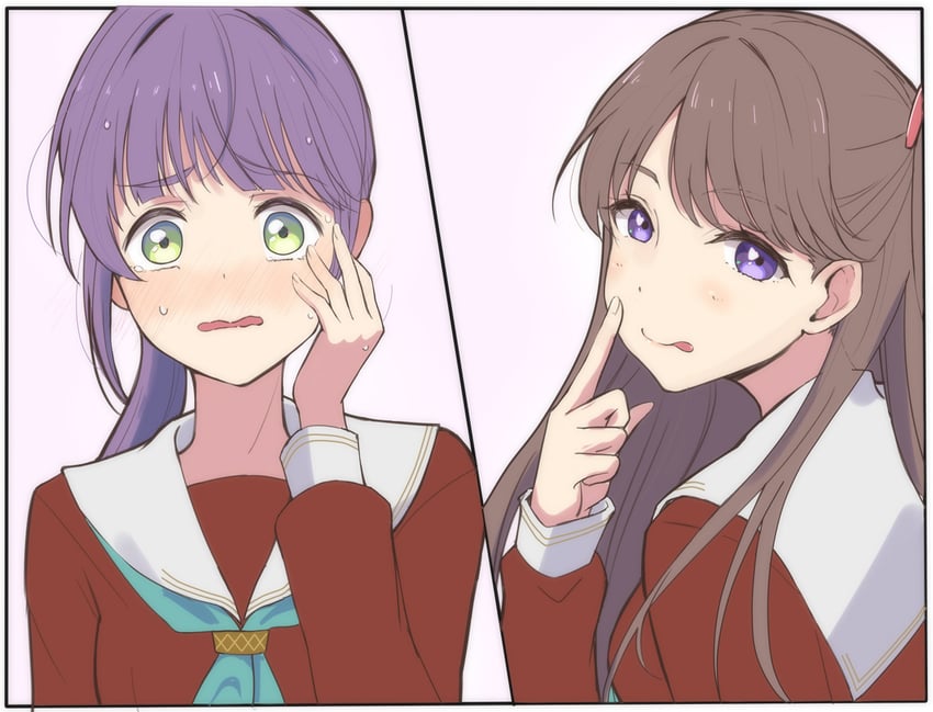 Love Live!、Love Live! 莲之空女学院学园偶像部、藤岛慈 2名女孩 :p 水蓝色领巾 脸红 棕色连衣裙