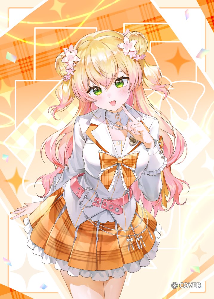 Hololive、桃铃音音 1名女孩 金发 版权标志 牛仔镜头 交叉刘海