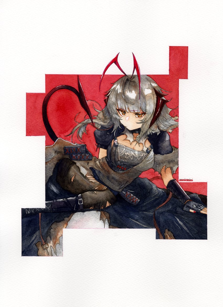 明日方舟、W (明日方舟)、维什戴尔 (明日方舟) 1名女孩 触角 黑色靴子 黑色手套 黑色连裤袜
