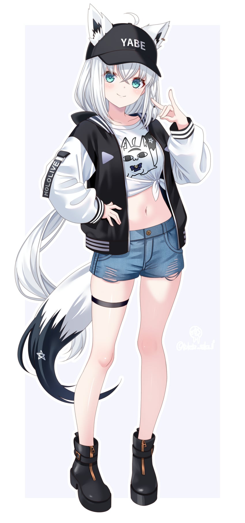 Hololive、白上吹雪 1名女孩 呆毛 兽耳 棒球帽 黑色靴子