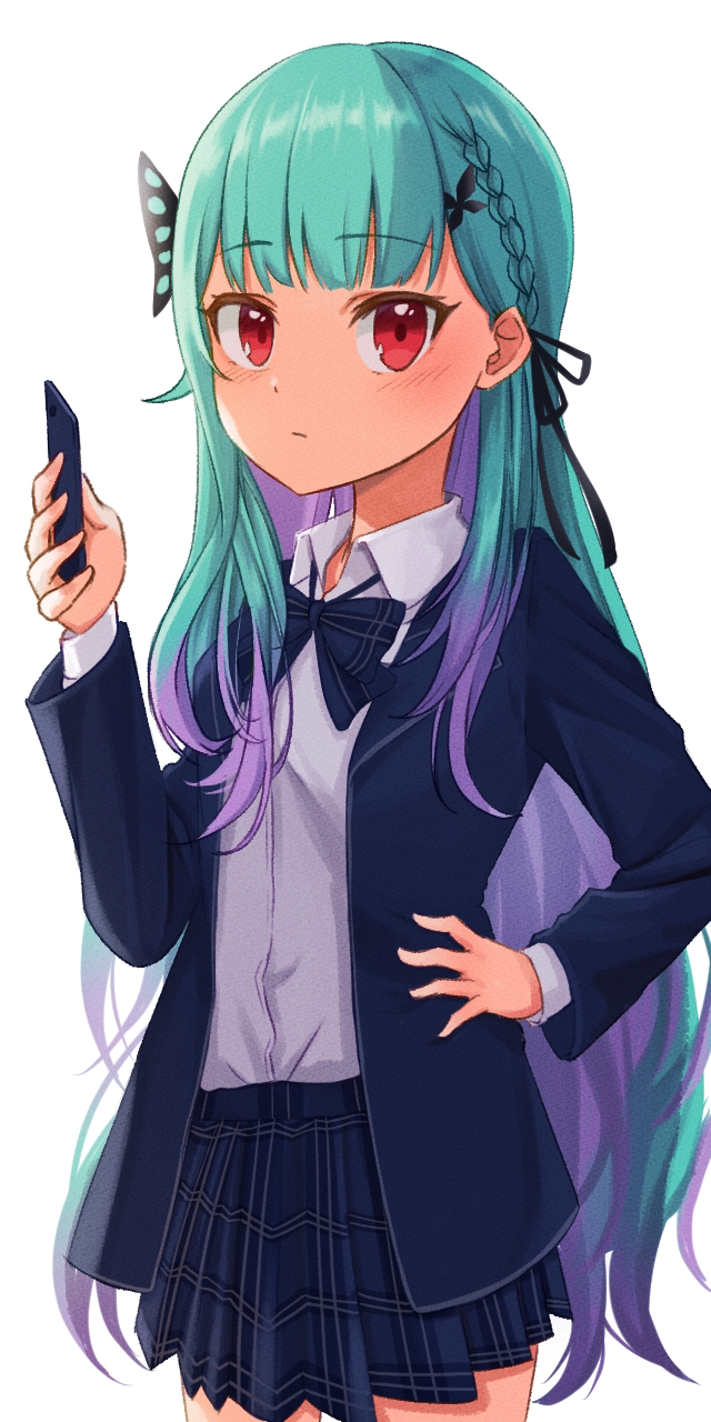 Hololive、润羽露西娅、润羽露西娅 (校服) 1名女孩 水色发 黑色丝带 蓝色蝴蝶结 蓝色领结