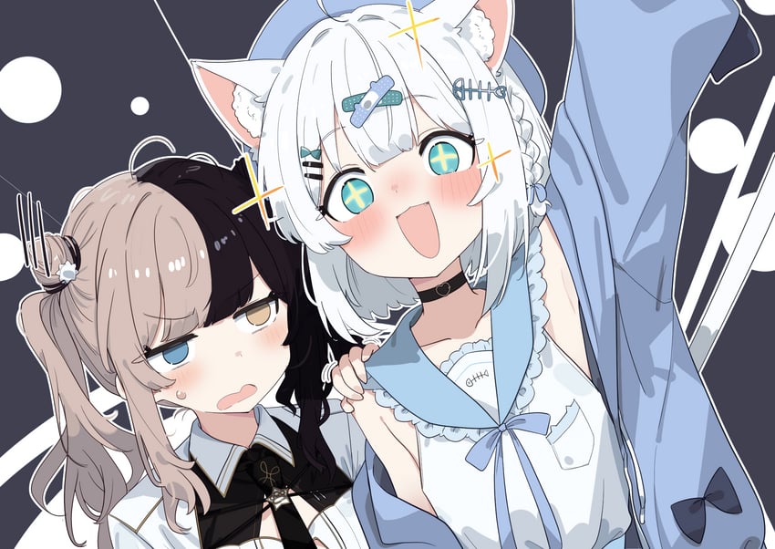 二次元插画 +_+ 2名女孩 兽耳毛 兽耳 创可贴