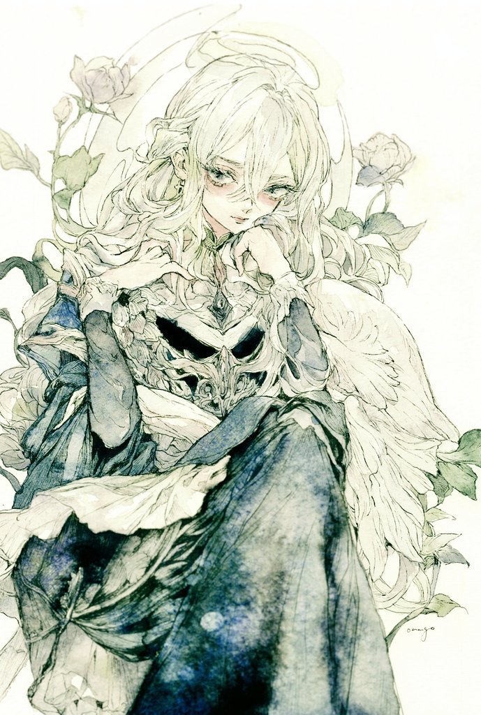 原创 1名女孩 黑色连衣裙 连衣裙 花 进气口发型