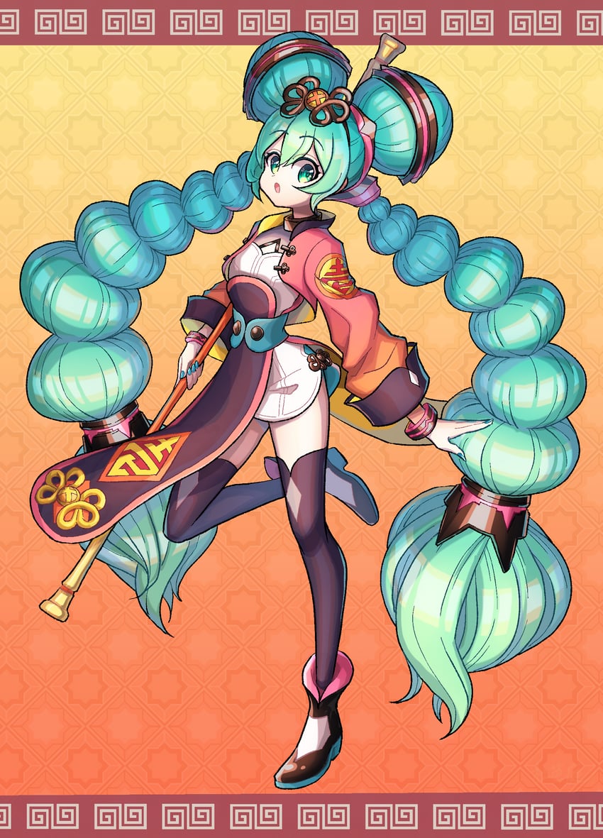 VOCALOID、初音未来、hatsune miku (noodle stopper) (china) 1名女孩 惊讶 水色瞳 水色发 黑鞋