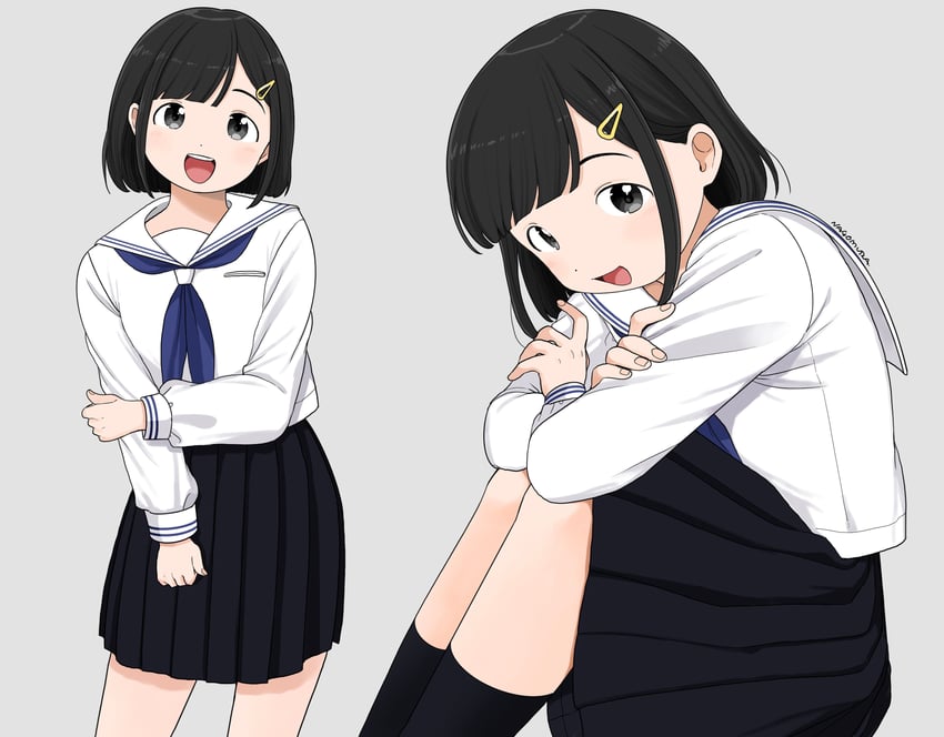 原创 1名女孩 黑发 黑色裙子 蓝色领巾 蓝色水手领