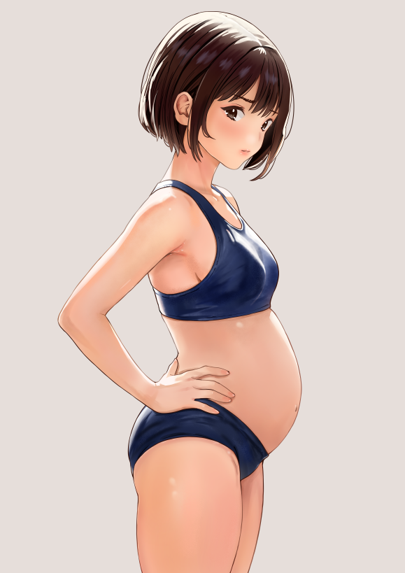 原创 1名女孩 大肚子 蓝色布鲁玛 蓝色运动内衣 脸红