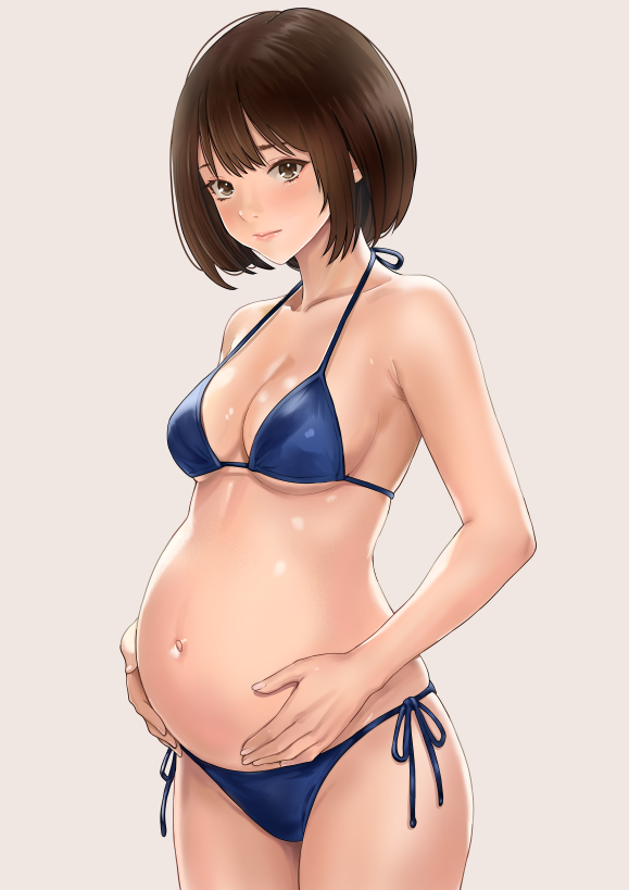 原创 1名女孩 大肚子 比基尼 蓝色比基尼 脸红