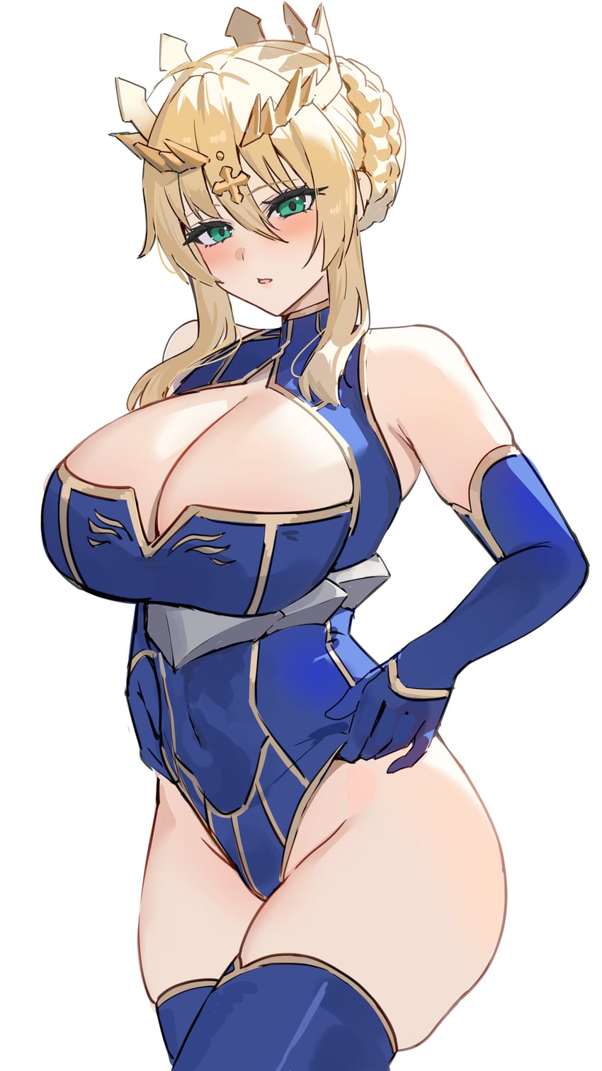 Fate/Grand Order、Fate系列、阿尔托莉雅·潘德拉贡 (Fate) 1名女孩 露肩 金发 蓝色手套 蓝色紧身衣