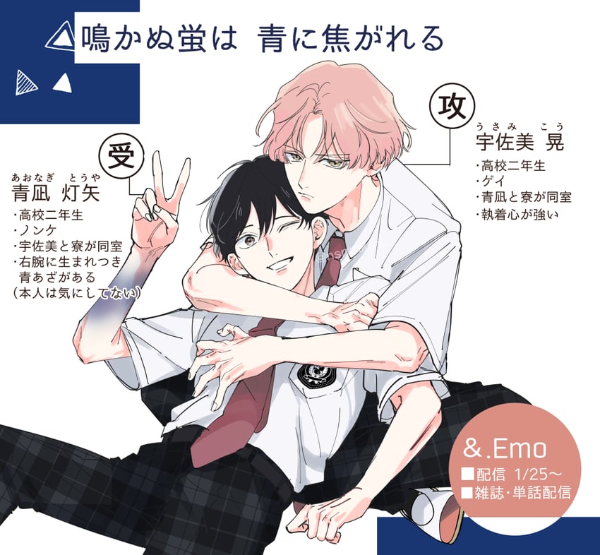 nakanu hotaru wa ao ni kogareru、aonagi touya、usami kou 2个男孩 黑发 黑裤子 角色名称 闭嘴