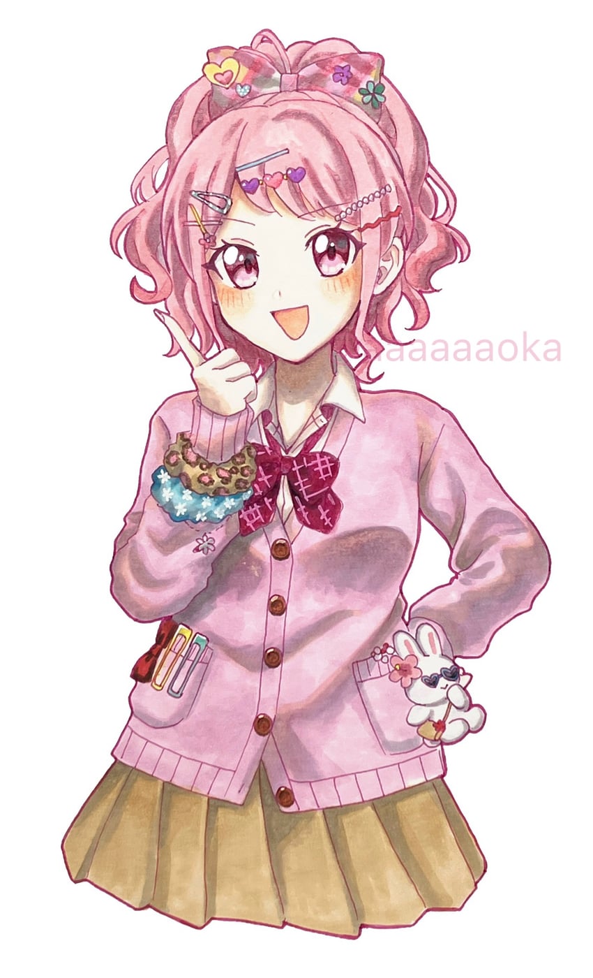 BanG Dream!、丸山彩 1名女孩 动物花纹 作者名 蝴蝶结 棕色裙子