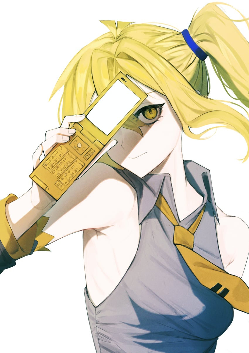 VOCALOID、亚北音留 1名女孩 金发 手机 闭嘴 有领衬衫