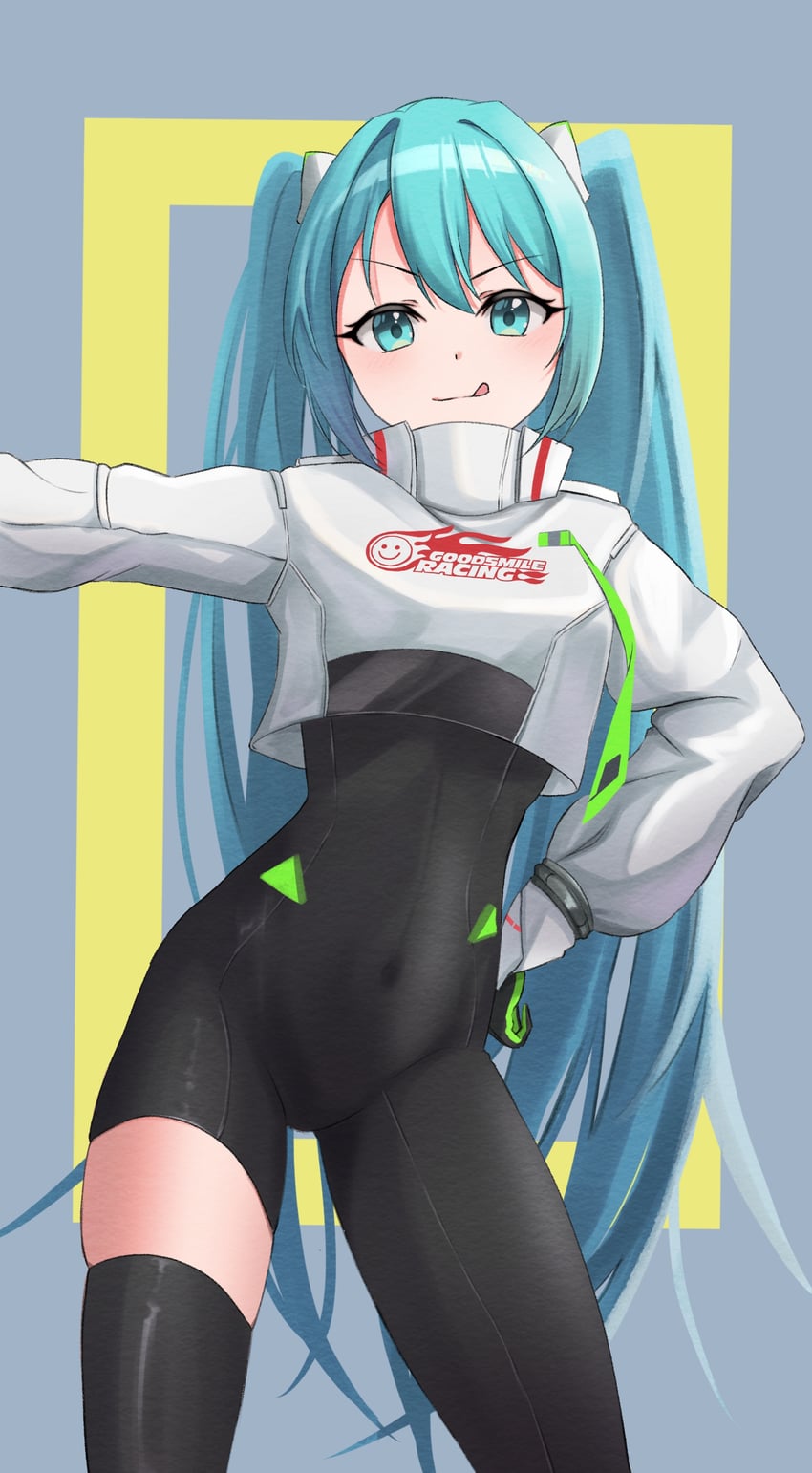良笑社、Goodsmile Racing、VOCALOID 1名女孩 不对称连体衣 黑色连体衣 黑色过膝袜 蓝眼
