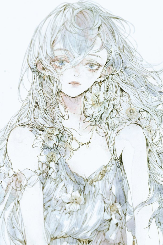原创 1名女孩 古希腊服饰 连衣裙 飘逸长发 花