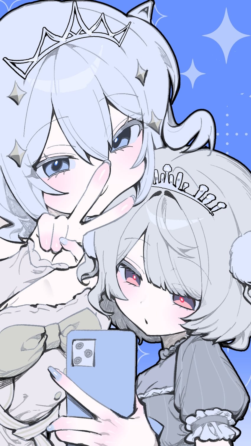 machi app princess (voisona)、tamaki (voisona)、知声 (VoiSona) 2名女孩 蓝色背景 蓝眼 蝴蝶结 蝶形领结