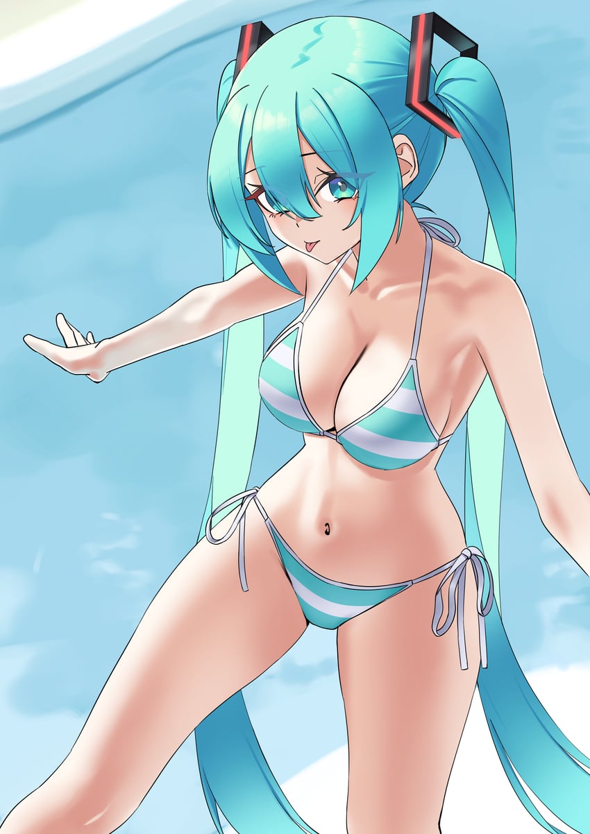 VOCALOID、初音未来 1名女孩 水色瞳 水色发 露肩 海滩