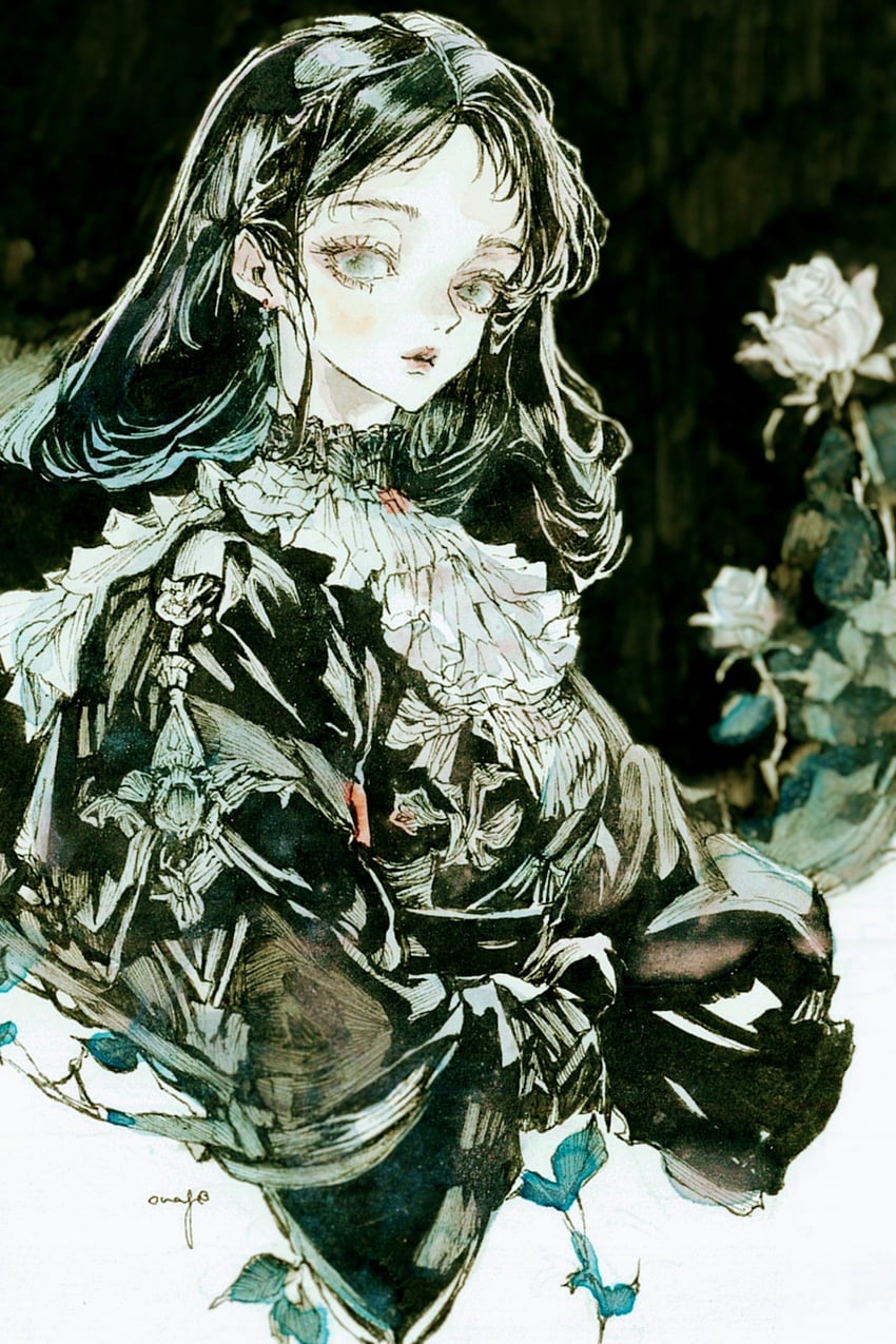 原创 1名女孩 黑色背景 黑发 黑衬衫 躯干截断
