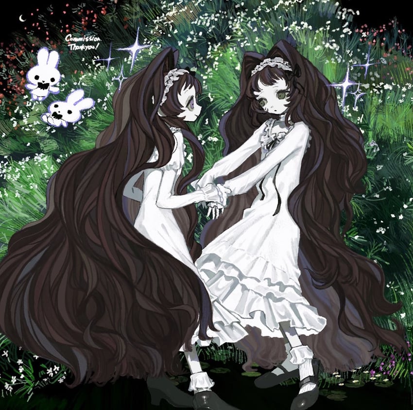 原创 2名女孩 短袜 黑色蝴蝶结 黑色丝带 黑鞋