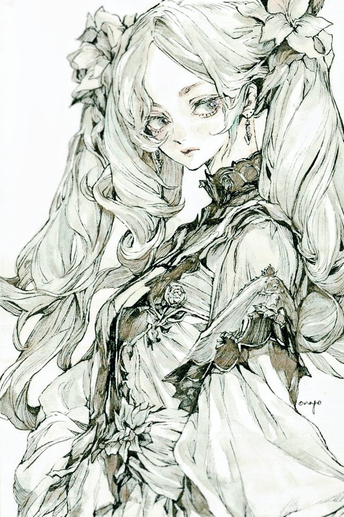 原创 1名女孩 连衣裙 耳环 花 侧视
