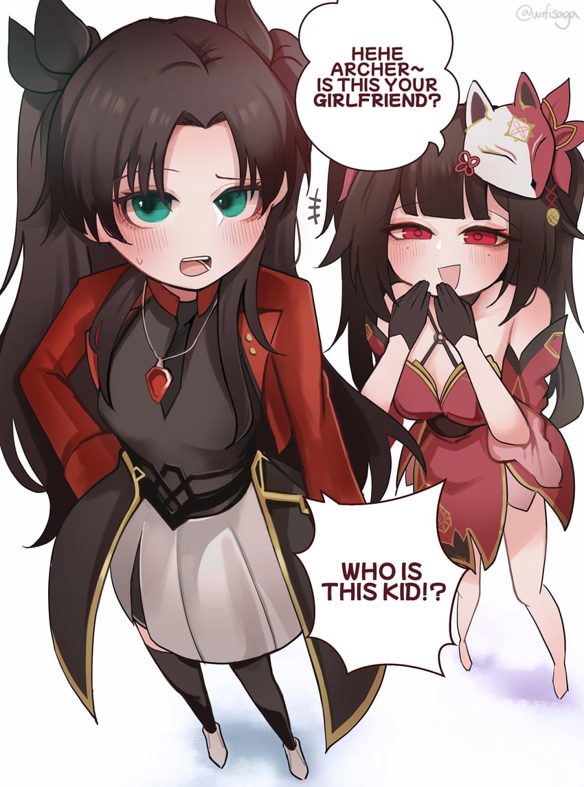 Fate/stay night、Fate系列、崩坏：星穹铁道 2名女孩 黑色手套 黑衬衫 脸红 狐狸面具