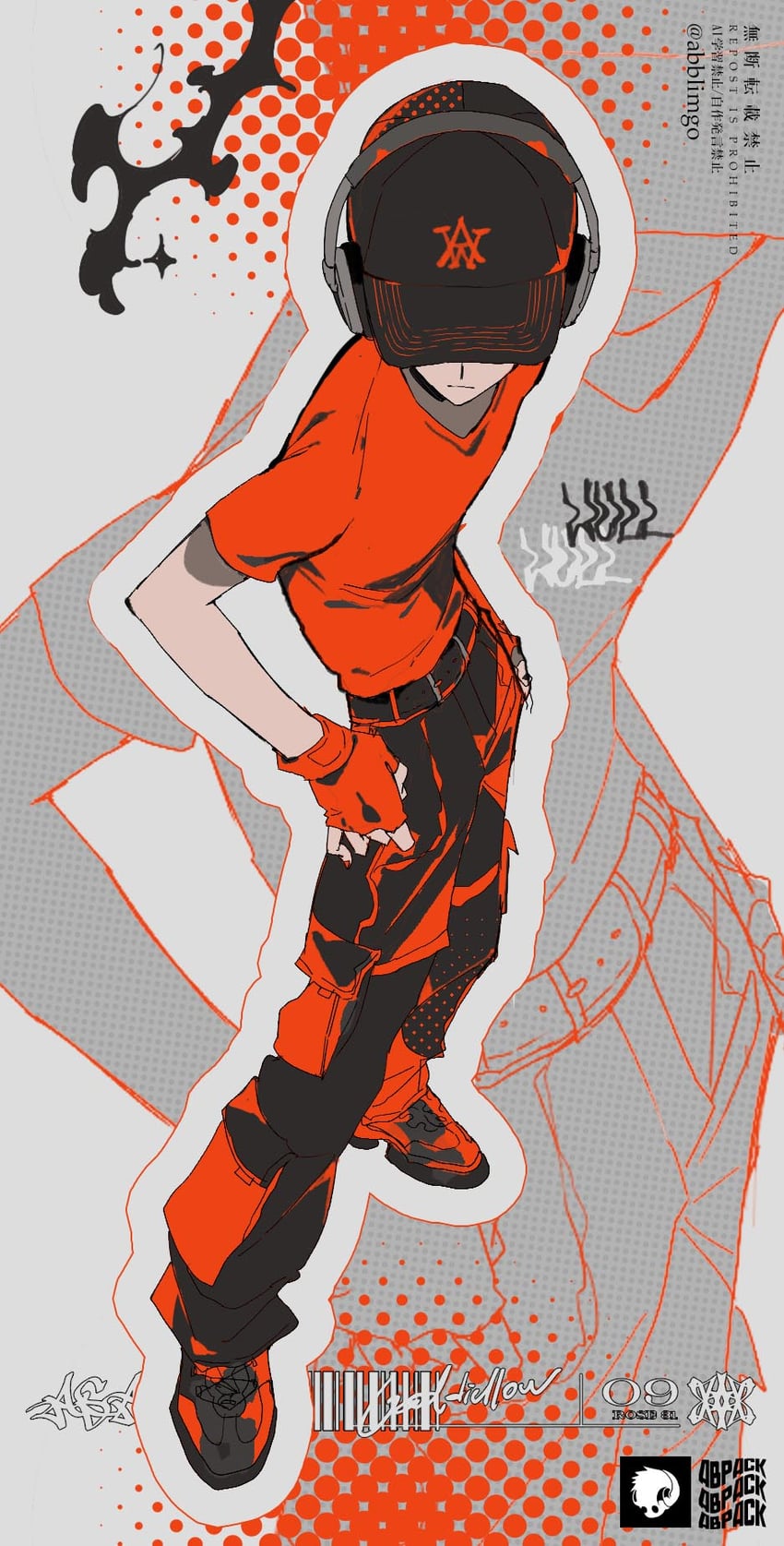 二次元插画 1名男孩 腰带 黑色皮带 黑帽子 黑裤子