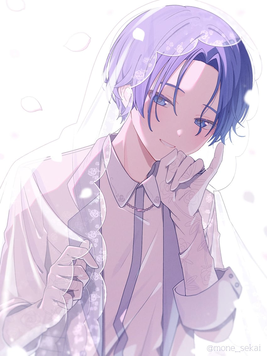二次元插画 1名男孩 蓝眼 有领衬衫 落花 额头