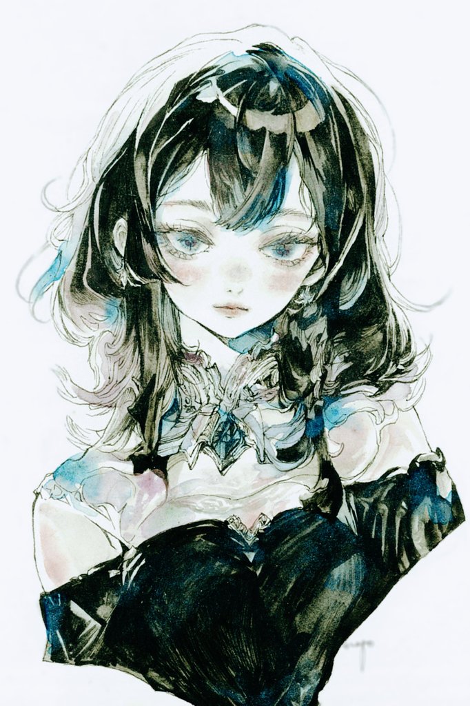 原创 1名女孩 露肩 黑色连衣裙 黑发 蓝眼