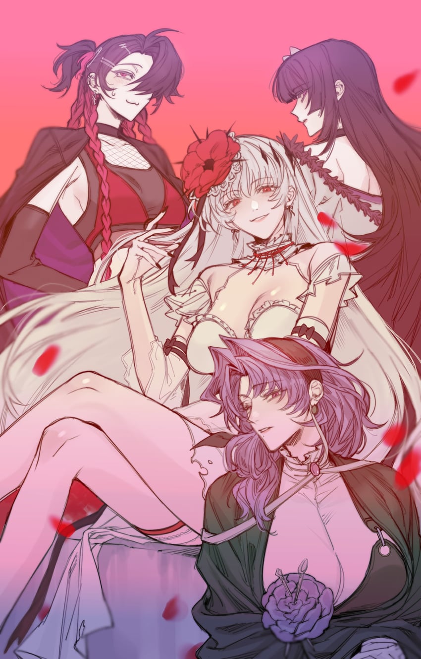 无期迷途、可可莉克 (无期迷途)、伽罗华 (无期迷途) 4个女孩 猫脸笑 牛仔镜头 交叉腿 花