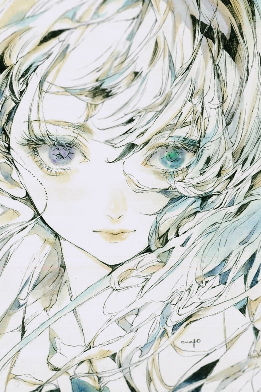 原创 1名女孩 蓝眼 特写 无表情 飘逸长发