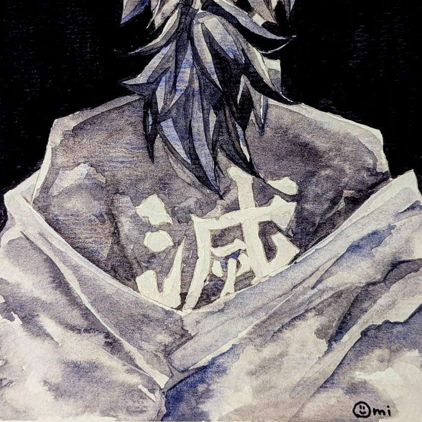 鬼灭之刃、富冈义勇 1名男孩 黑色背景 衣服上的文字 鬼杀队制服 从后方