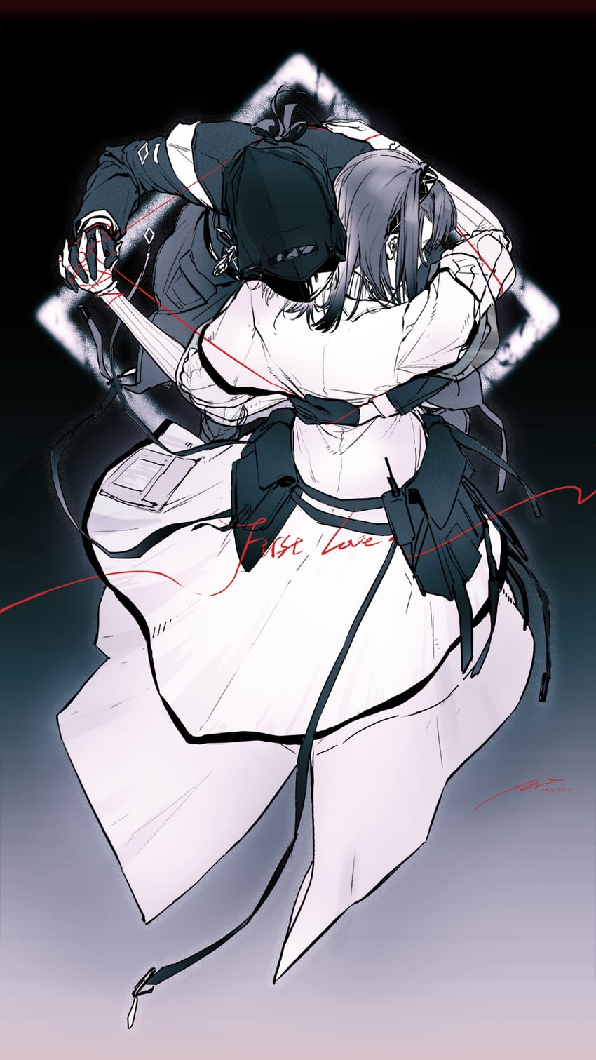 明日方舟、博士 (动漫) (明日方舟)、博士 (明日方舟) 1名男孩 1名女孩 搂着他人的腰 黑色大衣 黑色手套