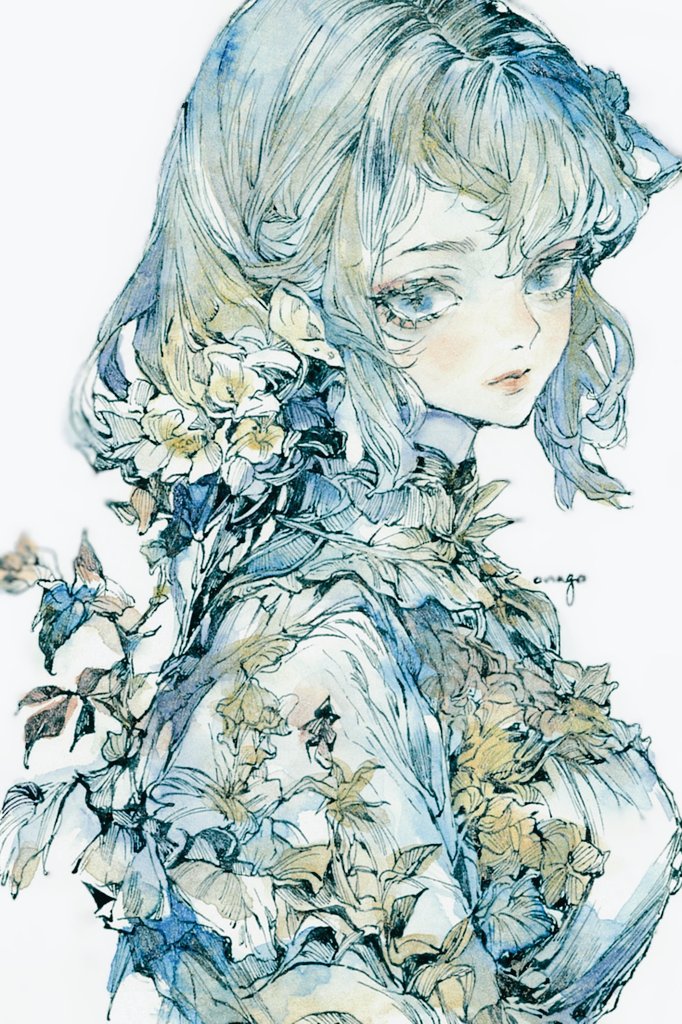 原创 1名女孩 蓝色主题 花 荷叶边 侧视