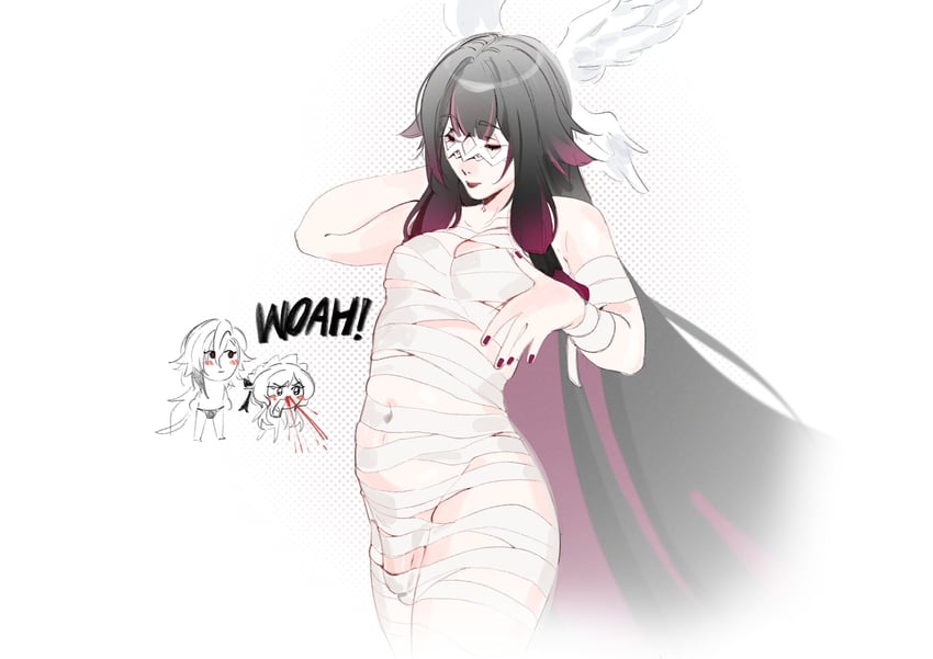 原创 1名女孩 荒谬的长发 绷带 黑发 乳房