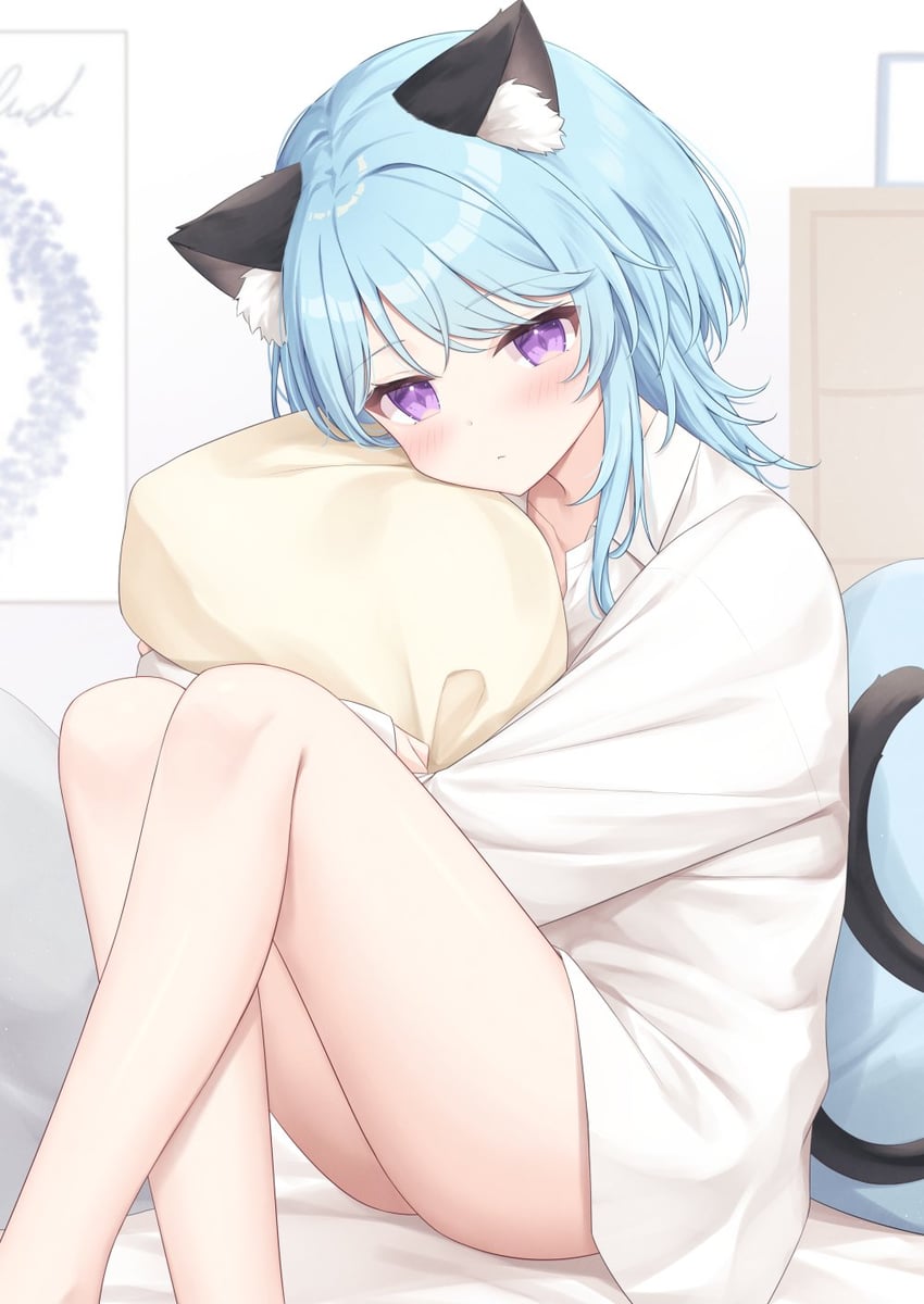 原创 1名女孩 兽耳 屁股 床单 蓝发