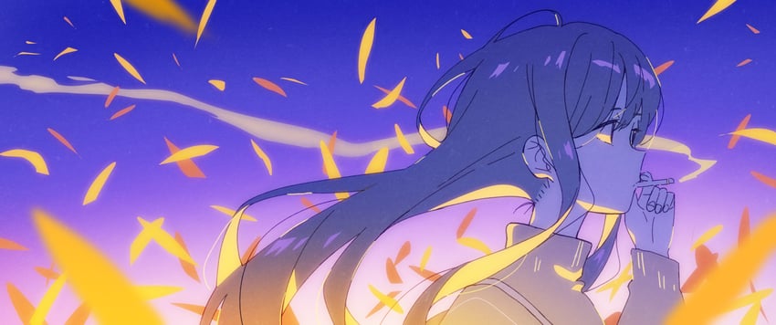 原创 1名女孩 黑发 蓝天 棕色毛衣 香烟