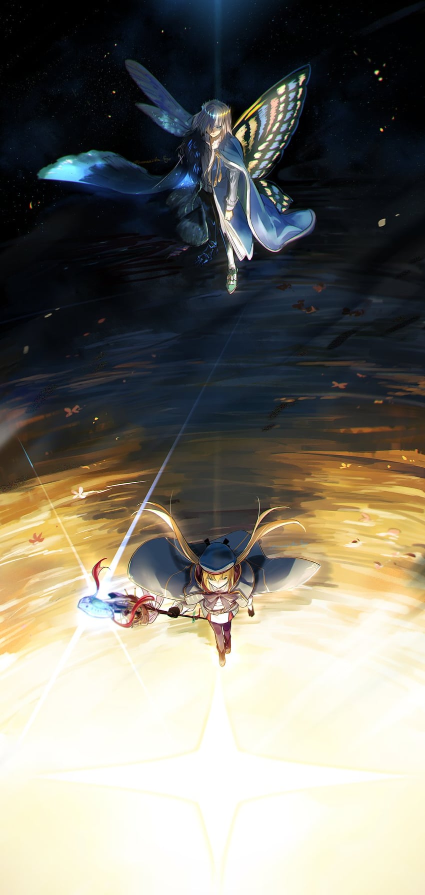 Fate/Grand Order、Fate系列、阿尔托莉雅·卡斯特 (Fate) 1名男孩 1名女孩 手臂放在侧边 妖精圆桌领域阿瓦隆·勒·菲 (FGO) 蝴蝶翅膀